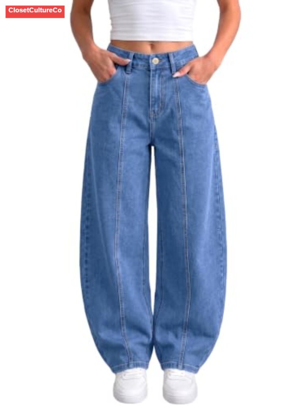 Sidefeel Wide Leg High Waisted Barrel Jeans Front Seam Stretchy Denim Pants